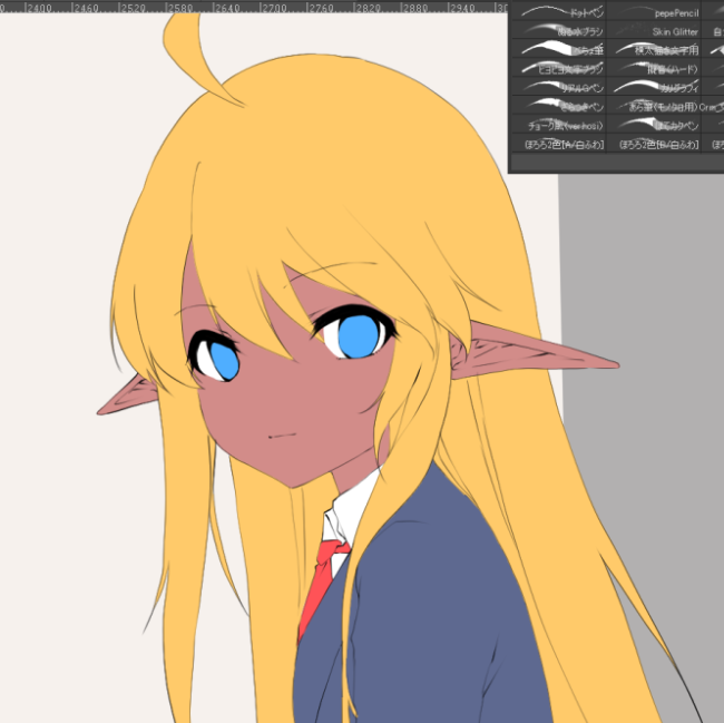 塗りレイヤー分けの途中で時折現れるレアバリエーション 黒ギャルと化した燐ちゃん
(色が濃くないとちゃんと塗れてるかよく見えないため) 