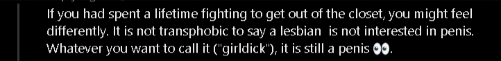 BellaRizinti's tweet photo. SO I'm going to address this again. I'm a cis lesbian. That means I'm not a transgender person for those who don't get it. Trans women aren't forcing me to sleep with them. They aren't forcing me to do anything with a penis or otherwise ffs. They just want to COEXIST. That's it. https://t.co/hnKzCjSlyo