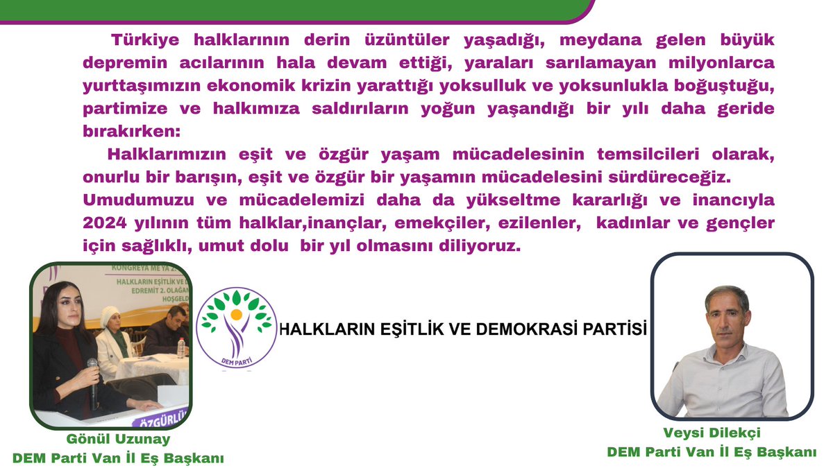 DEMPartiWan's tweet photo. İl Eş Başkanlarımız Gönül Uzunay ve Veysi Dilekçi yeni yıl için yayınladıkları mesajla Türkiye halklarının yeni yılını kutladı. https://t.co/iSdhkzIxhG