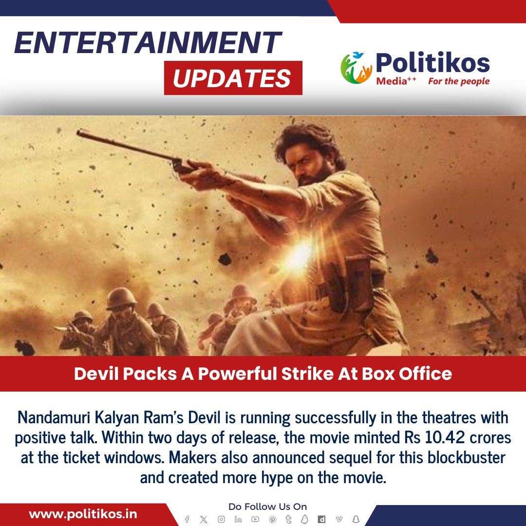 imwpolitikos's tweet photo. Devil Packs A Powerful Strike At Box Office
#Politikos
#politikosentertainment
#devilmovie
#NandamuriKalyanRam
#KalyanRam
#BoxOfficeSuccess
#PowerfulStrike
#FilmMagic
#BlockbusterHit
#BoxOfficeTriumph
#MovieSuccess
#CinematicVictory
#DevilStrikesGold https://t.co/6qmGgqYilP