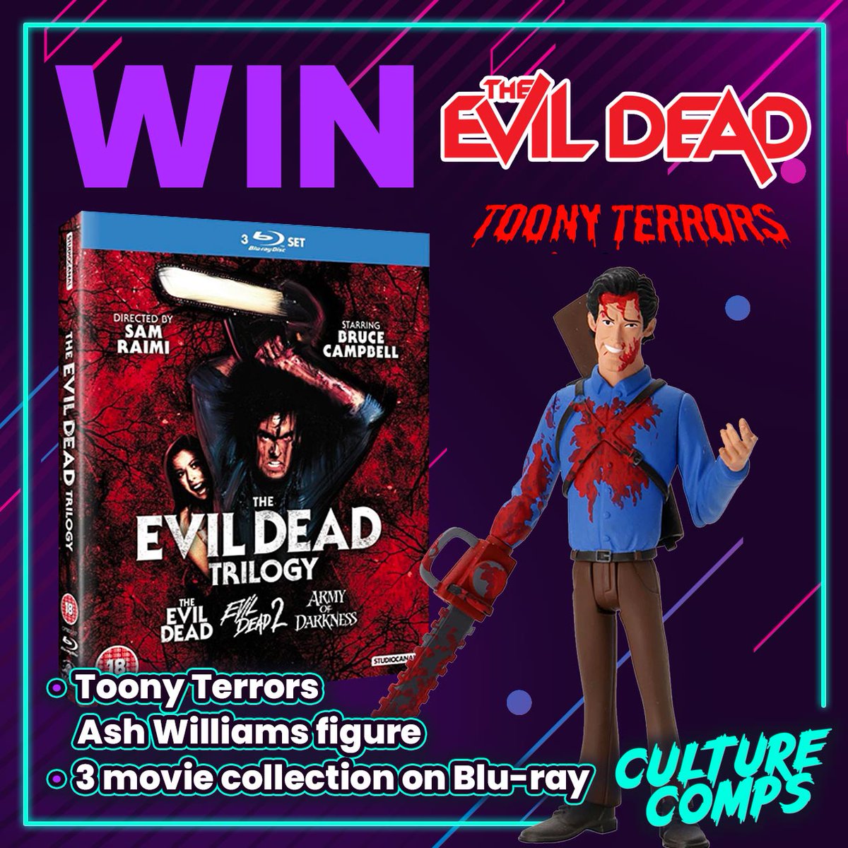 culture_comps's tweet photo. WIN The #EvilDead trilogy + #ToonyTerrors Ash figure.

⭐️ Enter for 99p (99 tickets available)
🏆 Great odds - High chance of winning
👍 20% OFF orders over £5 with code XMAS20

Play at https://t.co/oQX21hZYBs

 #theevildead #ashwilliams #competitionsuk #ukcompetitions #prizes https://t.co/r7NhKrlzK6