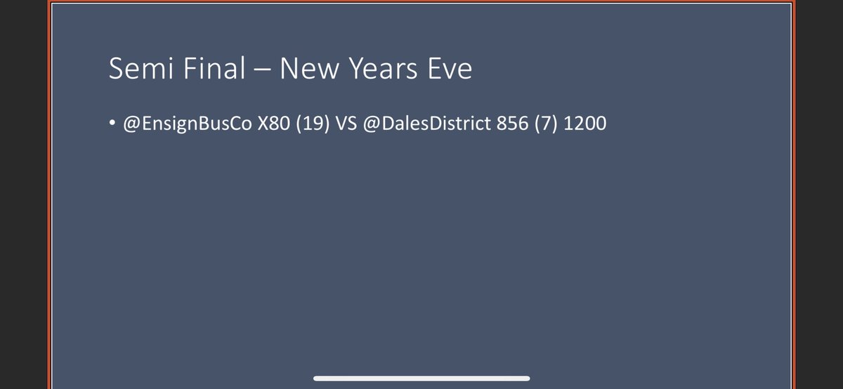 Remember to join us from
Midday for the Second Semi Final. It’s <a href="/Dalesdistrict/">Dales and District</a> 856 VS <a href="/EnsignBusCo/">Ensignbus 💙🇺🇦</a> X80. In what will be another close contest for a place in Monday’s Final!