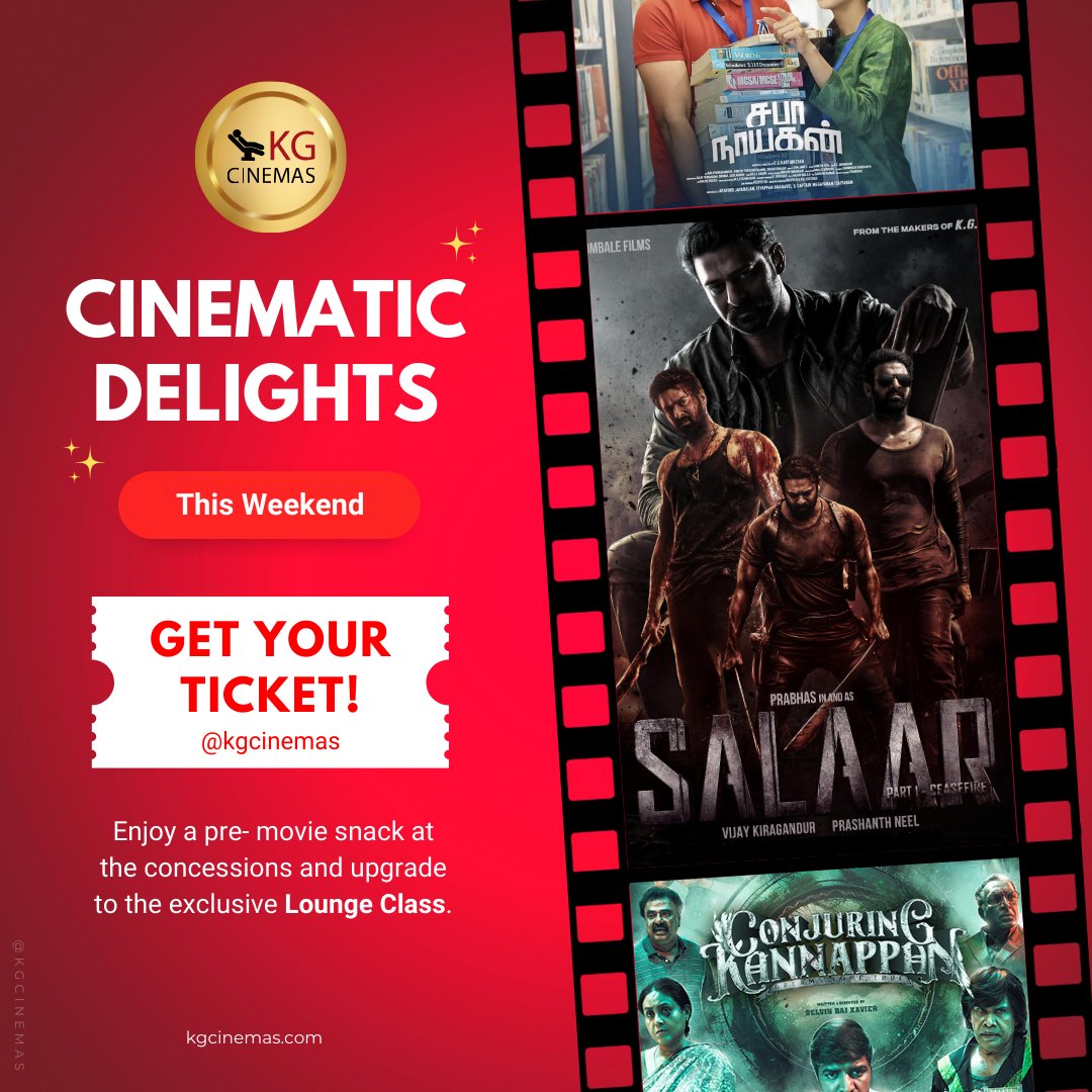 kgcinemas's tweet image. 🌟 Experience a blockbuster weekend at KG Cinemas! 🎬 Book your tickets now for the thrilling lineup featuring "Salaar," heartwarming "JOE," aquatic adventure "Aquaman: The Lost Kingdom," and captivating "Saba Nayagan." #KGcinemas #WeekendBlockbusters #LoungeUpgrade #MovieMagic