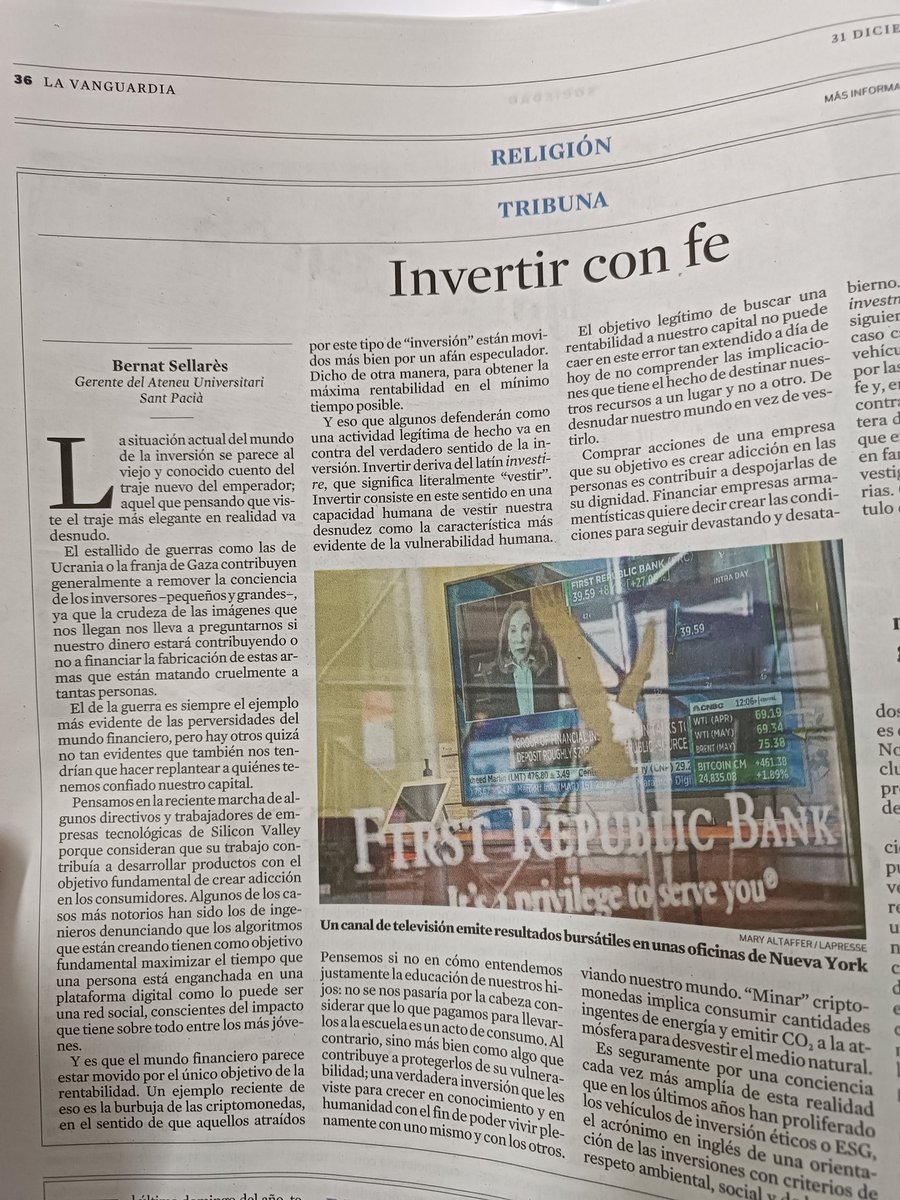bernatsellares's tweet photo. A @LaVanguardia d'avui he escrit aquest article sobre les conseqüències de les nostres inversions. https://t.co/4KCk8YSXQ7 https://t.co/64dWaQmgMm