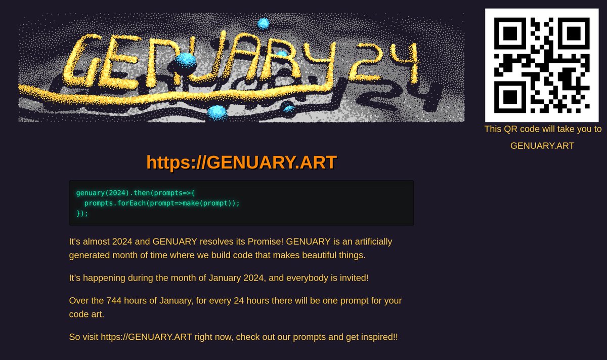piterpasma's tweet image. I've been putting off promoting GENUARY 2024 to other social networks besides Twitter ...
Help me out! If you have social clout and desire mad engagement feel free to repost this image (or anything).
Please link your reposts in the thread!
#genuary #generative #genuary2024