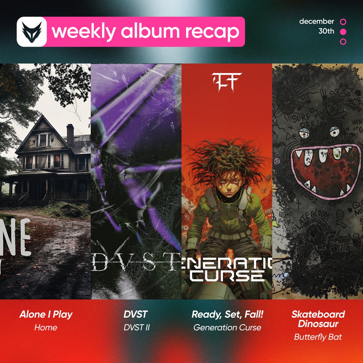 FOXCOREisdead's tweet photo. // The last weekly album recap in 2023, Pt. II: December 30th
#AloneIPlay — Home - EP
#DVST — DVST II - EP
@ReadySetFall — Generation Curse - EP
#SkateboardDinosaur — Butterfly Bat - EP https://t.co/pOVCqPmxEz