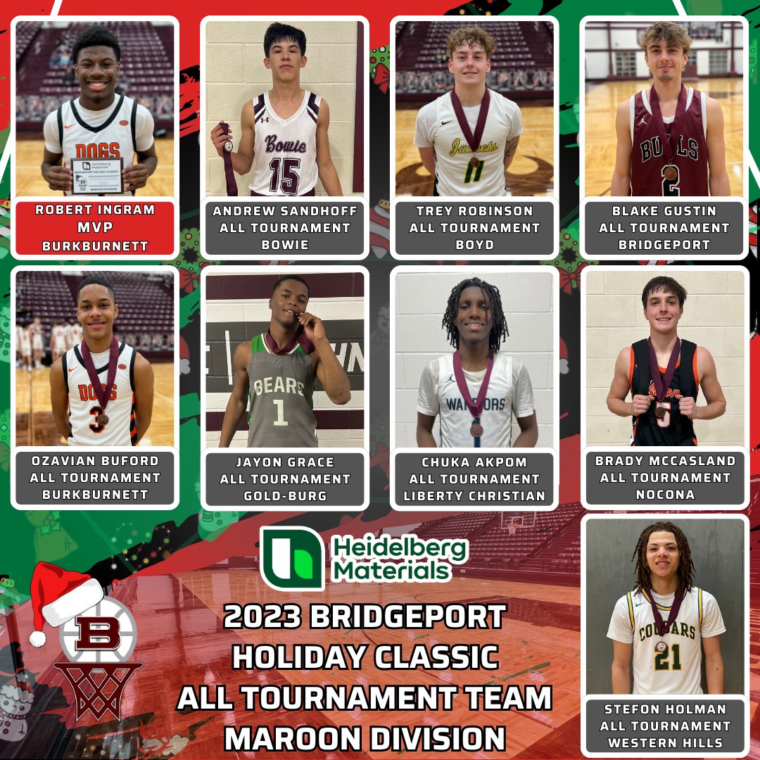 Bridgeport Basketball (@bhsbullsbball) on Twitter photo Congrats to players selected to the Maroon Division: All Tournament Team of the Bridgeport Holiday Classic ππ
<a href="/BBDunkinDogs/">Burkburnett Dunkin Dogs</a> @bowie_hoops <a href="/boydjackets/">Boyd Yellowjackets</a> <a href="/NavyOut/">Liberty Athletics</a> <a href="/WHHSBasketball/">Western Hills Basketball</a> <a href="/hoopinsider/">Hoopinsider</a> <a href="/WCMSports/">WCMSports</a> <a href="/TexasHoopsGASO/">TexasHoops/GASO π</a> Congrats to players selected to the Maroon Division: All Tournament Team of the Bridgeport Holiday Classic ππ
<a href="/BBDunkinDogs/">Burkburnett Dunkin Dogs</a> @bowie_hoops <a href="/boydjackets/">Boyd Yellowjackets</a> <a href="/NavyOut/">Liberty Athletics</a> <a href="/WHHSBasketball/">Western Hills Basketball</a> <a href="/hoopinsider/">Hoopinsider</a> <a href="/WCMSports/">WCMSports</a> <a href="/TexasHoopsGASO/">TexasHoops/GASO π</a>