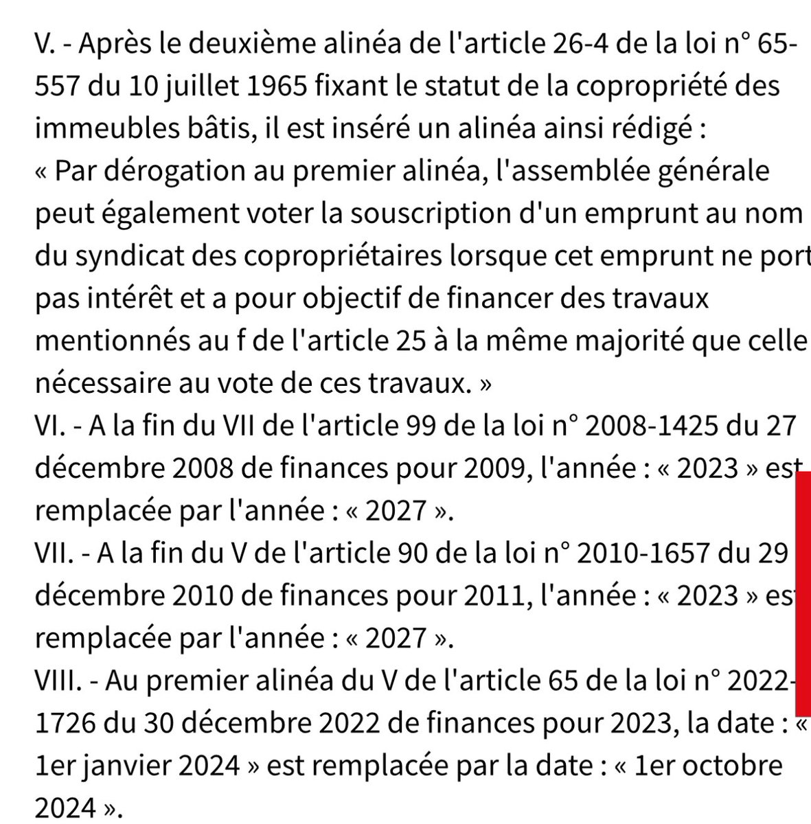 #immobilier #Logement #syndic Loi de finance pour 2024 publiée au JO. Article 71 V   : Assouplissement des modalités d’adoption d’un emprunt collectif pour les besoins de la rénovation énergétique des immeubles en #copropriété 👍legifrance.gouv.fr/jorf/article_j…