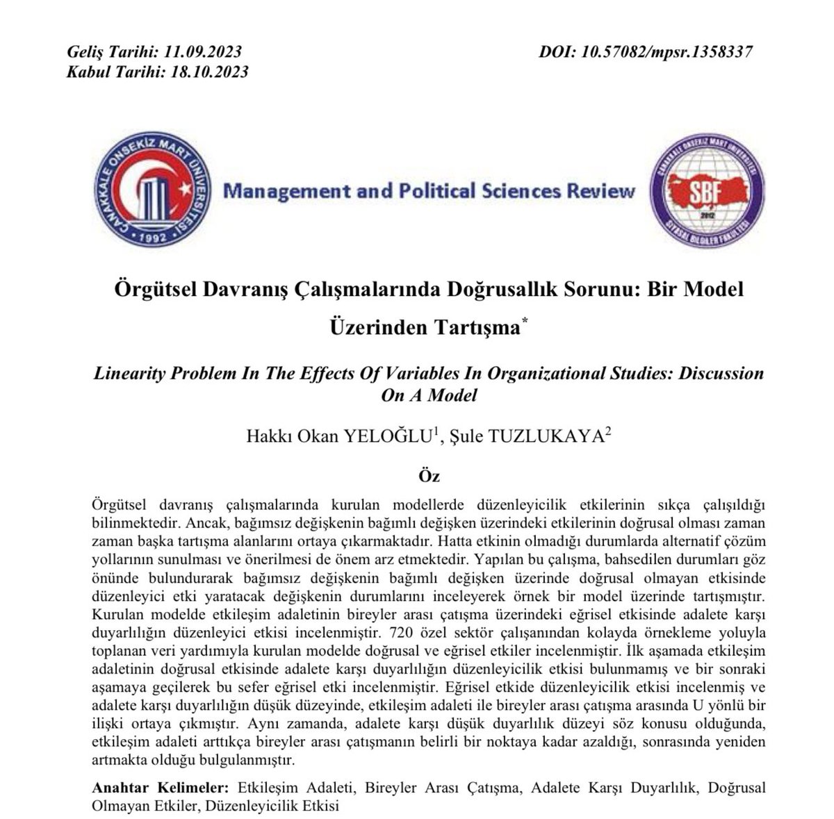 O zaman 2023 senesini yeni bir makaleyle bitirelim. Doğrusal olmayan ilişkiler konusunu ele almıştım daha önce, biraz geliştirip yayına çevirdik. Şule hocama destekleri için teşekkür ederim. 
2024’te daha çok ve nitelikli yayın dileğiyle
#nonlinearrelations #linearity
