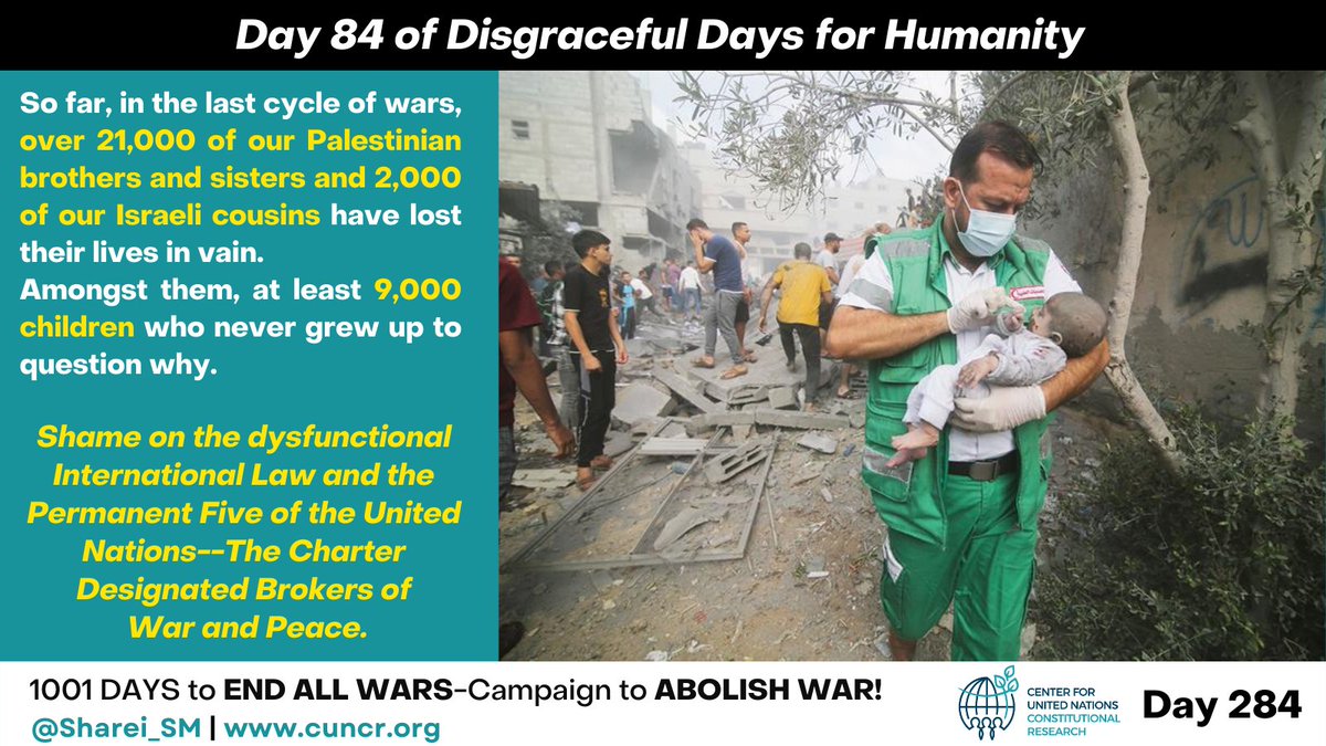 Day 84 of Disgrace for Humanity and the Security Council
So far, in the last cycle of wars, over 21,000 of our Palestinian brothers and sisters and 2,000 of our Israeli cousins have lost their lives in vain.
Amongst them, at least 9,000 children who never grew up to question why.