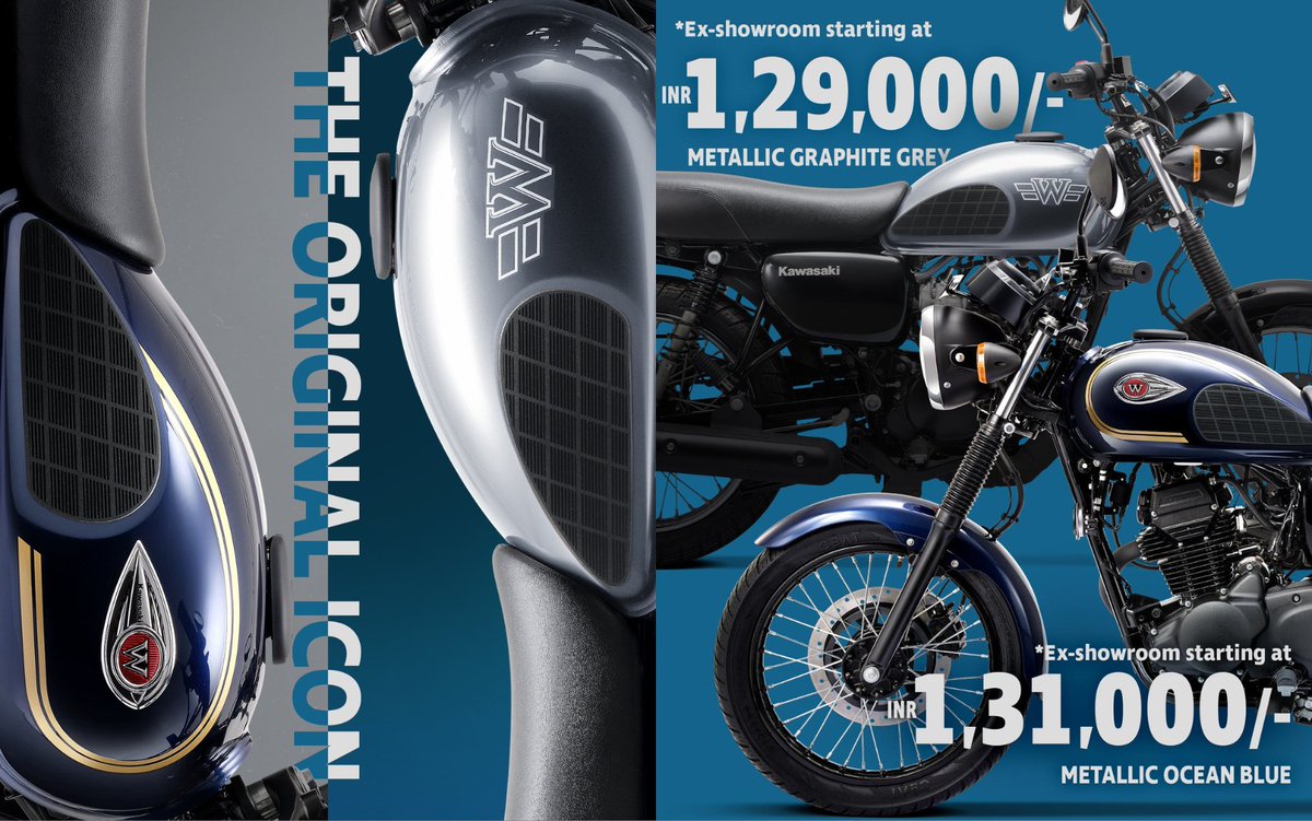 india_kawasaki's tweet photo. The W175 is available in two new colours!
.
.
* All prices shown are ex-showroom price.
.
.
#Kawasaki #IndiaKawasakiMotors #W #TheOriginalIcon #KawasakiW175
#LetTheGoodTimesRoll #GoodTimes #retromotorcycle
#neoretro #streetmotorcycle #urbanmotorcycle https://t.co/03Rejuexos