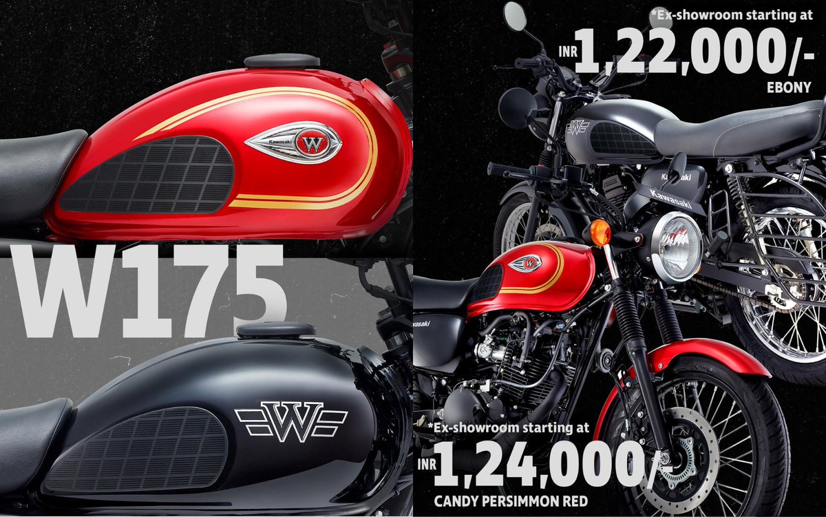 india_kawasaki's tweet photo. The W175 is available in two new colours!
.
.
* All prices shown are ex-showroom price.
.
.
#Kawasaki #IndiaKawasakiMotors #W #TheOriginalIcon #KawasakiW175
#LetTheGoodTimesRoll #GoodTimes #retromotorcycle
#neoretro #streetmotorcycle #urbanmotorcycle https://t.co/03Rejuexos
