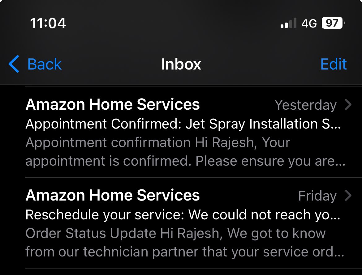 RDCM1952's tweet photo. @amazonIN horrid experience with Amazon. Check your order ref: 408-8490829-7672349. Had added installation service which I paid for but being denied. Check mails received, 16 besides some I had deleted ….. but, yet to get service. Bunch of jokers !!!! https://t.co/IZkxP8171o