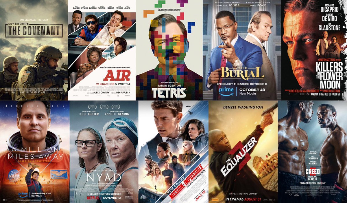 My Fav Top 10 English Films - 2023 ❤️

1. #TheCovenant
2. #Air
3. #Tetris
4. #TheBurial
5. #KillersOfTheFlowerMoon
6. #AMillionMilesAway 
7. #Nyad
8. #MissionImpossible7
9. #TheEqualizer3
10. #CreedIII