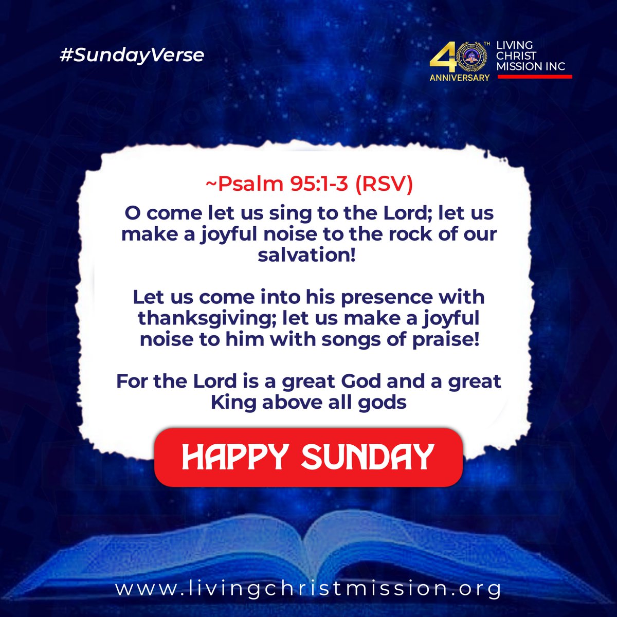 LivingChristLCM's tweet photo. #SundayVerse
“O come let us sing to the Lord; let us make a joyful noise to the rock of our salvation!
Let us come into his presence with thanksgiving; let us make a joyful noise to him with songs of praise!
#LCMat40 #DaddyHezekiah #LivingChristMission https://t.co/yFyX2CGqtd