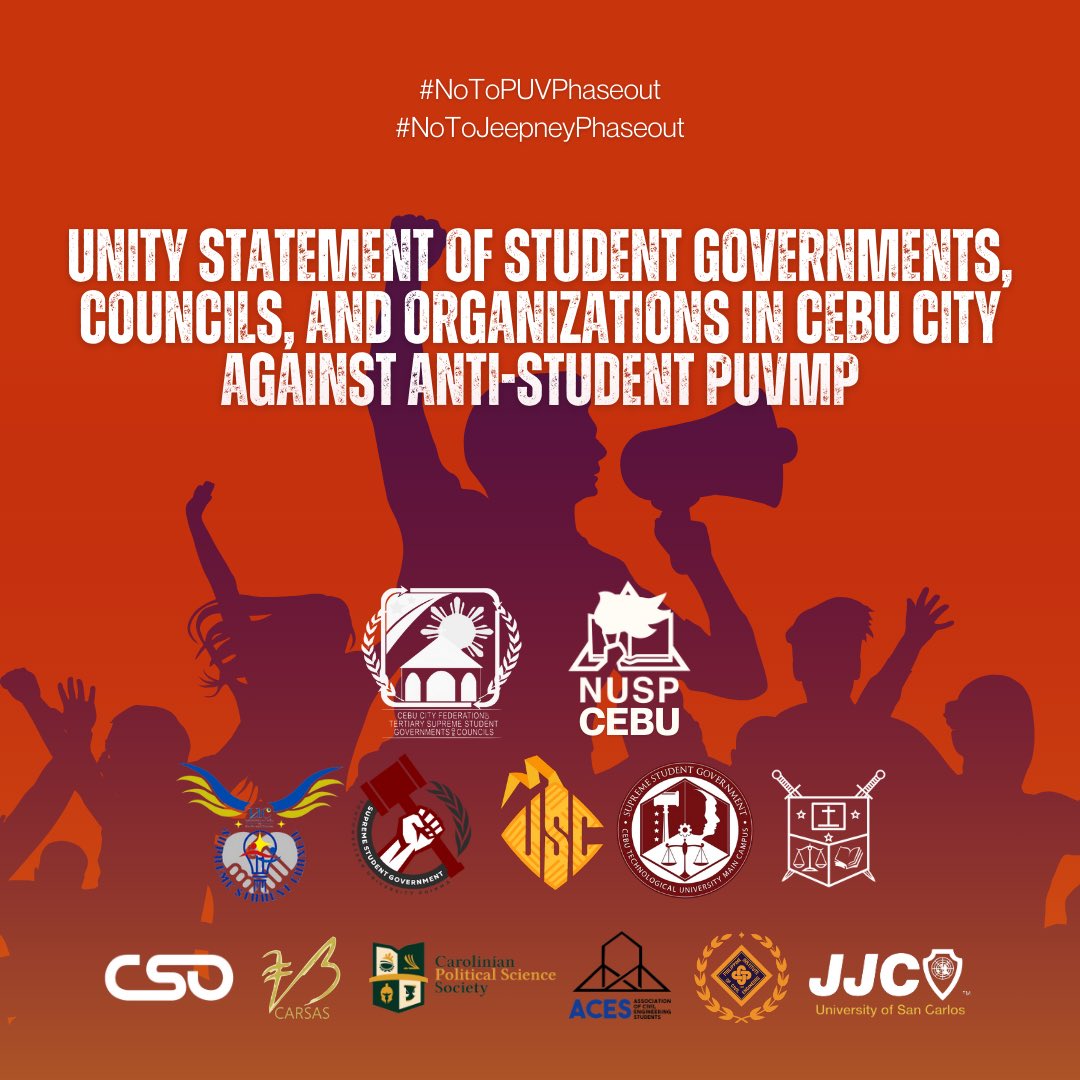 NUSPCebu's tweet photo. LOOK: Student governments, councils, and organizations in Cebu City express their strong opposition to the public utility vehicle modernization program, citing it as an anti-student and anti-poor policy.

#NoToPUVPhaseout 
#MarcosPahirap https://t.co/dIpRtoCd8x