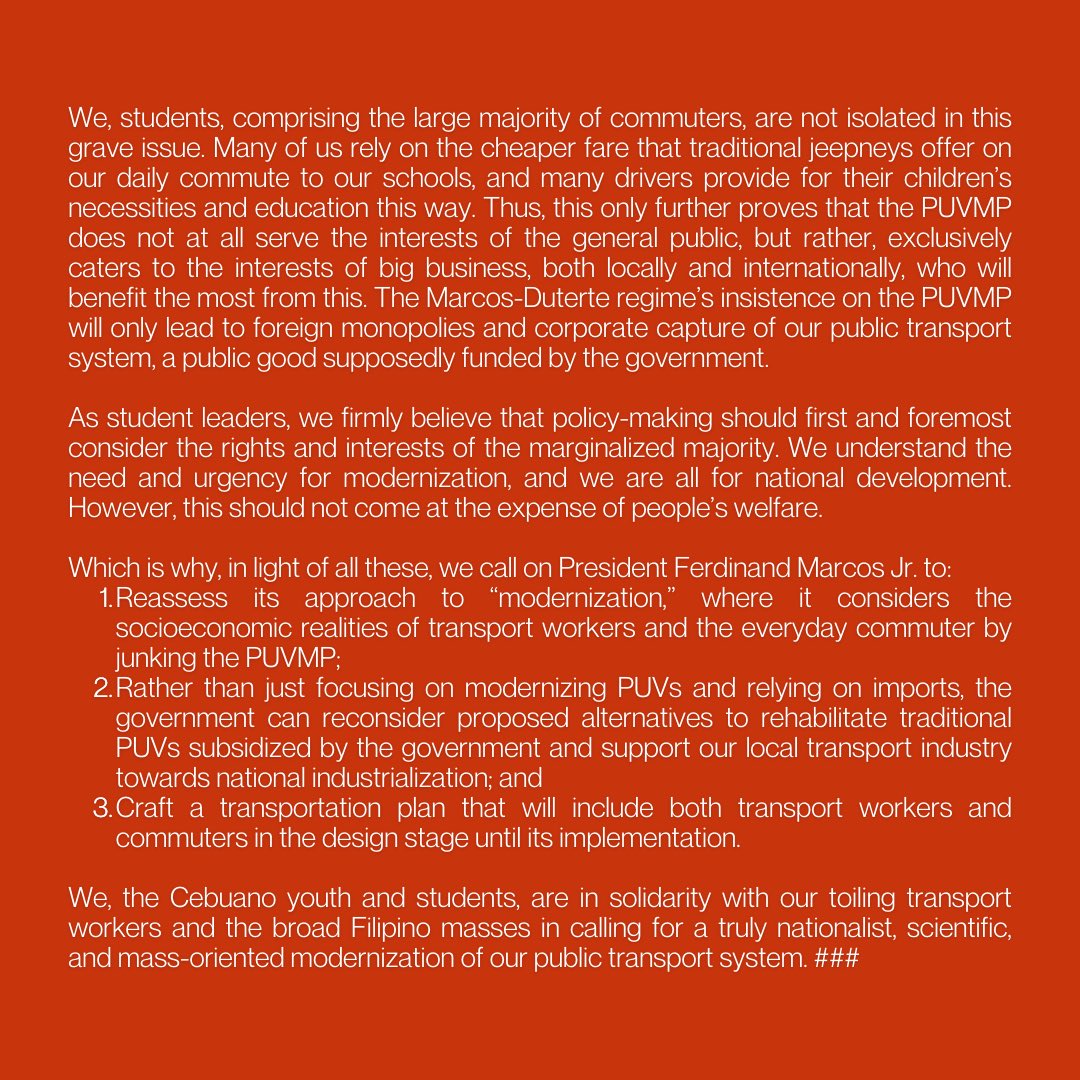 LOOK: Student governments, councils, and organizations in Cebu City express their strong opposition to the public utility vehicle modernization program, citing it as an anti-student and anti-poor policy.

#NoToPUVPhaseout 
#MarcosPahirap