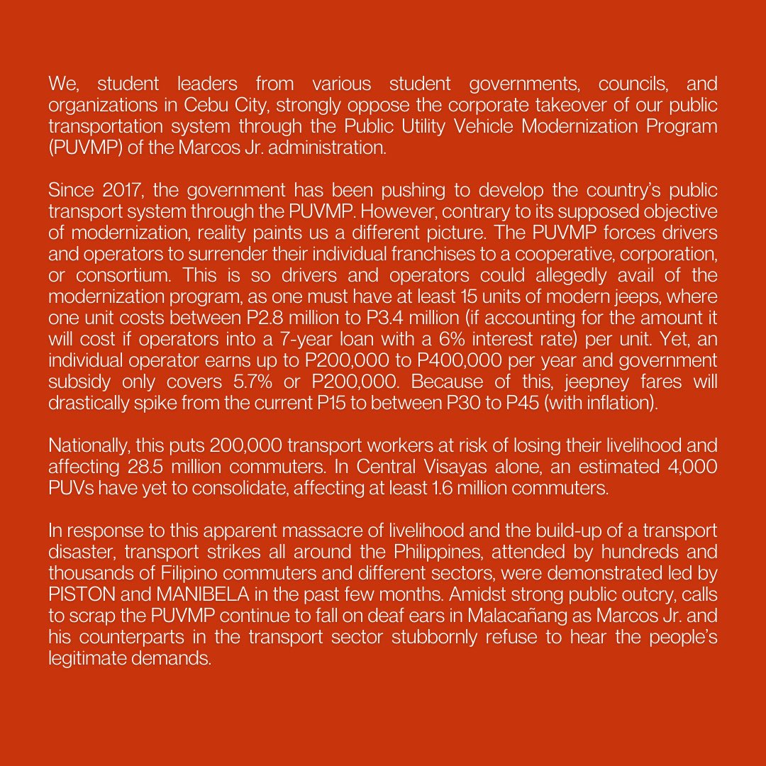 NUSPCebu's tweet photo. LOOK: Student governments, councils, and organizations in Cebu City express their strong opposition to the public utility vehicle modernization program, citing it as an anti-student and anti-poor policy.

#NoToPUVPhaseout 
#MarcosPahirap https://t.co/dIpRtoCd8x