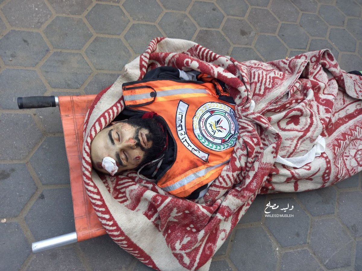 Paramedic Adham Al-Ghoul was targeted and killed by the occupation forces while performing his humanitarian duty in Nuseirat refugee camp.
