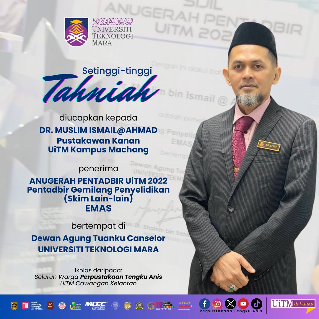 ptauitmkelantan's tweet image. 𝙏𝘼𝙃𝙉𝙄𝘼𝙃 diucapkan kepada 𝘿𝙧. 𝙈𝙪𝙨𝙡𝙞𝙢 𝙄𝙨𝙢𝙖𝙞𝙡@𝘼𝙝𝙢𝙖𝙙
Semoga terus gemilang dan cemerlang dalam menjalankan tugas dan amanah.
#AnugerahPentadbirUiTM2022
#UiTMdiHatiku
#LibraryForAll
#PerpustakaanTengkuAnis
#UiTMCawanganKelantan