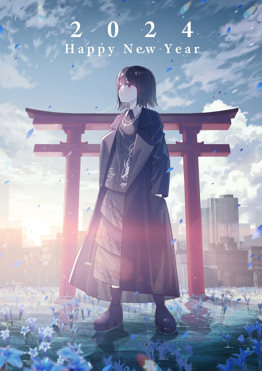 1girl solo flower black hair torii boots sky  illustration images