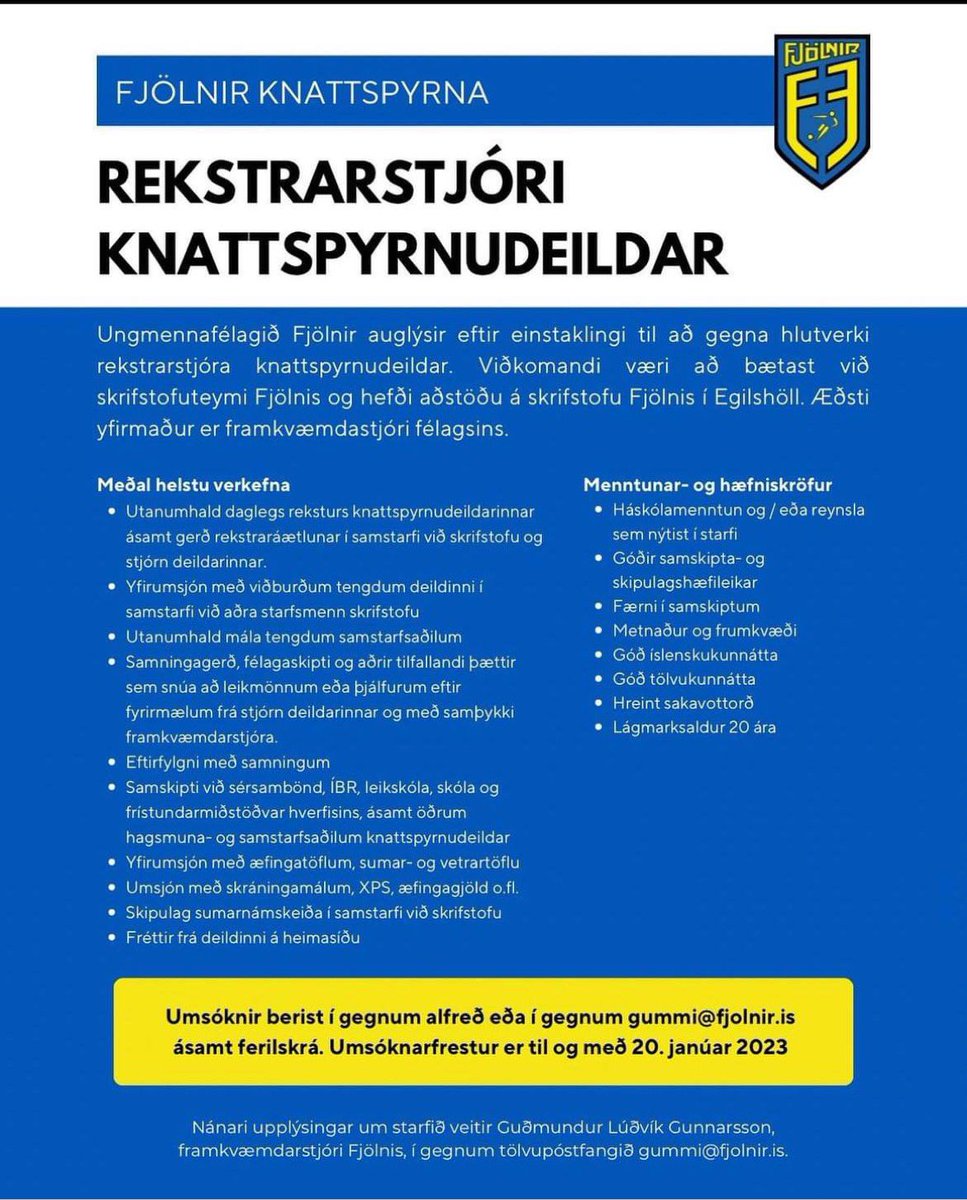Fjolnir_FC's tweet photo. Við leitum að rekstrarstjóra knattspyrnudeildar í fullt starf á skrifstofu Fjölnis

https://t.co/bDRSot6Uvw 

#FélagiðOkkar 💙💛 https://t.co/XU1wohMul9