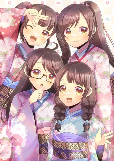 「四つ子ぐらし」の主人公4人を描かせて頂きました!明日新年なので晴れ着でリクエスト有難うございます #四つ子ぐらし 