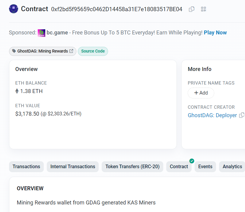 MineKaspa's tweet photo. Reminder that the $GDAG mining rewards ecosystem is easily trackable in 3 steps:

1. Track $KAS Payouts on the public F2Pool here: https://t.co/TGX6ouKmQk

2. Match the days $KAS paid out, with the days #ETH incoming, on the  labeled public Mining Reward wallet here: 
https://t.co/AuC3HcVOGt

3. Check deployer utilization for
 i. Buybacks and/or
ii. New Miner acquisition along with schedule

Also trackable via: https://t.co/yIq20do5Cc
Learn more: https://t.co/bLLENR35g0 

We did this to easily provide a platform for our users to have a birds eye view into the functioning and are working on ways to make it even more easier to track transparently than it already is.