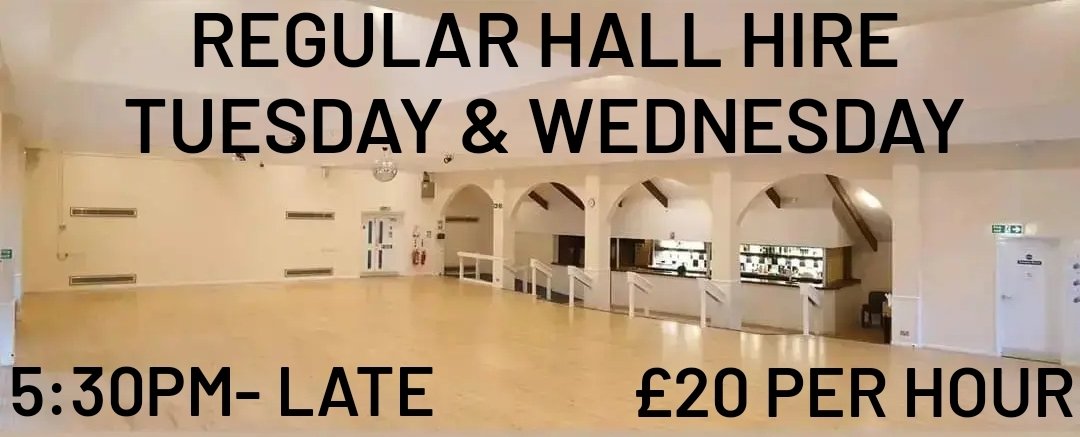 Regular hall hire slots 
Includes: 
- Air-conditioning 
- Tables and chairs 
- Kitchen use
- Projector screen &amp; speakers
- Full black out curtains for complete privacy
- Disco ball 
- Bar on request 

£20 per hour on a 6 week rolling contract.
Bespoke packages available.