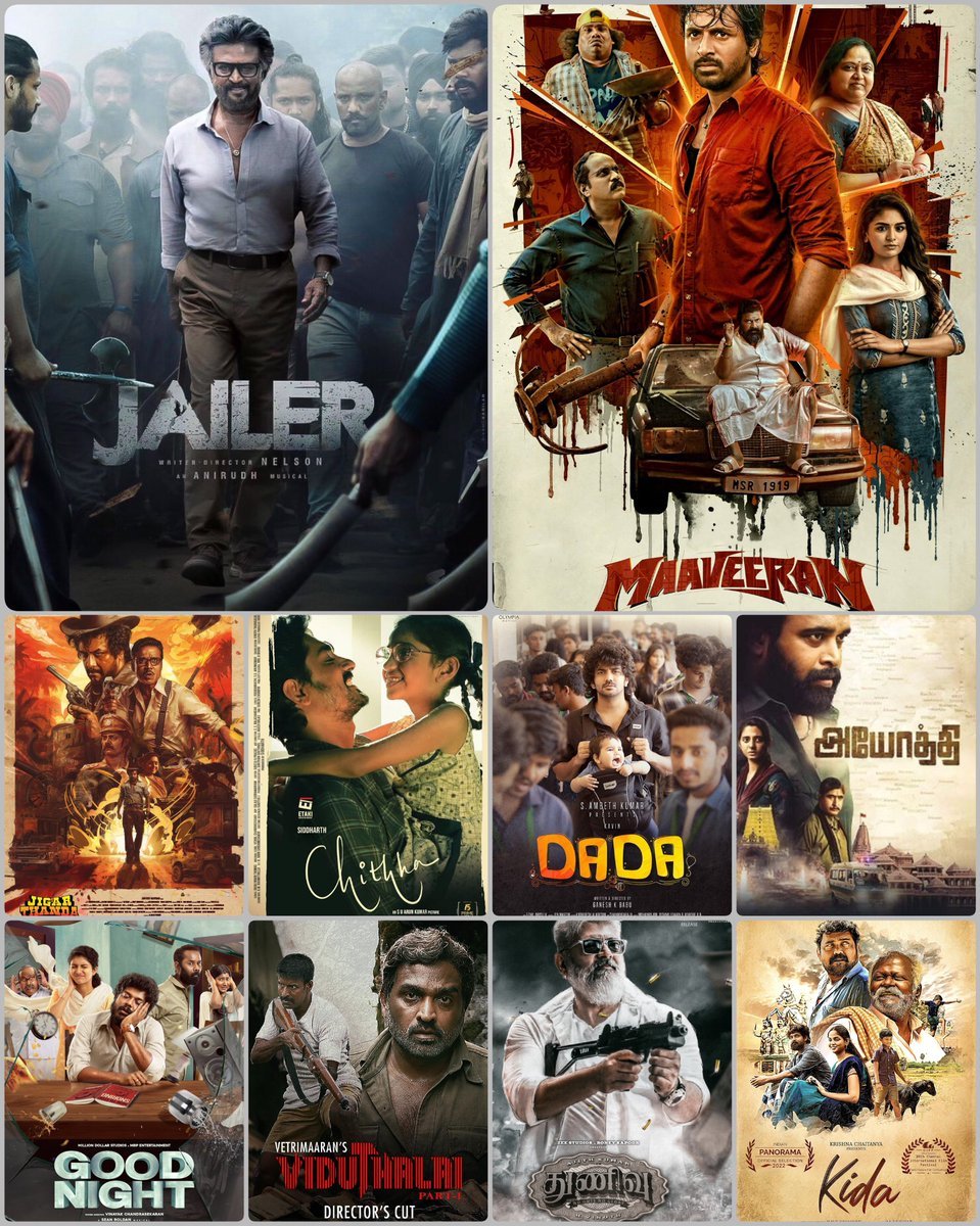 My Fav Top 10 Tamil Movies 2023:

#Jailer
#Maaveeran 
#JigarthandaDoubleX 
#Chithha 
#DaDa
#Ayothi 
#GoodNight 
#ViduthalaiPart1 
#Thunivu 
#Kida