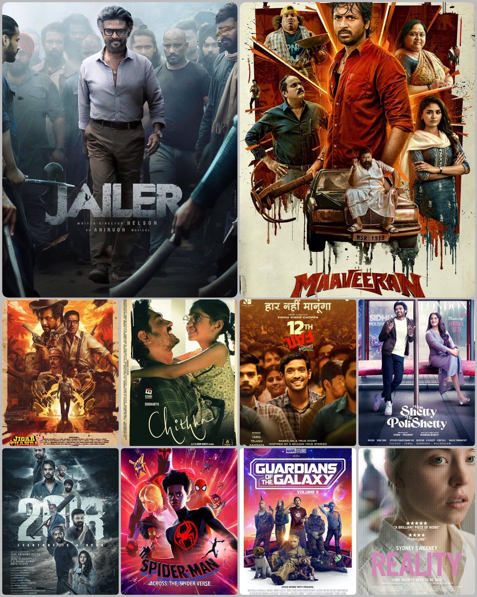 My Fav Top 10 Movies (All languages) 2023:

#Jailer 
#Maaveeran 
#JigarthandaDoubleX 
#Chithha 
#12thFail 
#MissShettyMisterPolishetty 
#2018Movie 
#SpiderManAcrossTheSpiderVerse 
#GuardiansOfTheGalaxyVol3 
#Reality