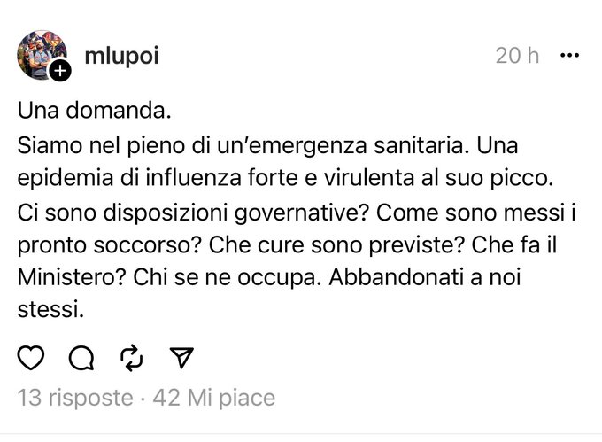 La gente ha perso la testa.  Questo su #Threads parla di emergenza sanitaria per l&rsquo;influenza e si aspetta<a href="/tag/threads"class="tags">#Threads</a><a href="/tag/visierefottutiilcervello"class="tags"><span>#visierefottutiilcervello</span></a>