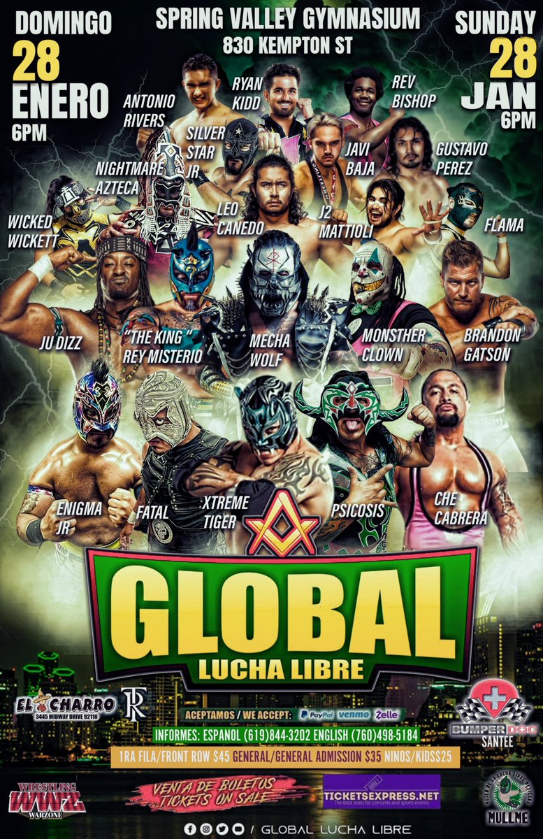 GlobalLucha's tweet image. 🚨TICKETS ON SALE🚨
🔥Sunday, January 28th 2024 / 6pm 
🔥Domingo 28 de enero 2024 / 6pm 

‼️TICKETS ONLINE ‼️
👇👇👇👇👇👇👇👇

ticketsexpress.net/GlobalLuchaLib…

📍Spring valley gymnasium📍
🔹830 kempton st. Spring valley CA 91977

👉info: (619) 844-3202