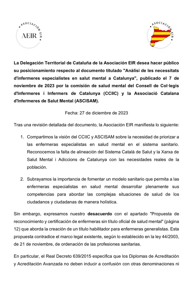 Asociaciontz's tweet photo. 🟡 Posicionamiento AEIR-Catalunya con respecto a la acreditación de “enfermeras de salud mental” que NO son especialistas para que puedan ocupar puestos que SÍ son de especialistas https://t.co/6xCSpdU20R