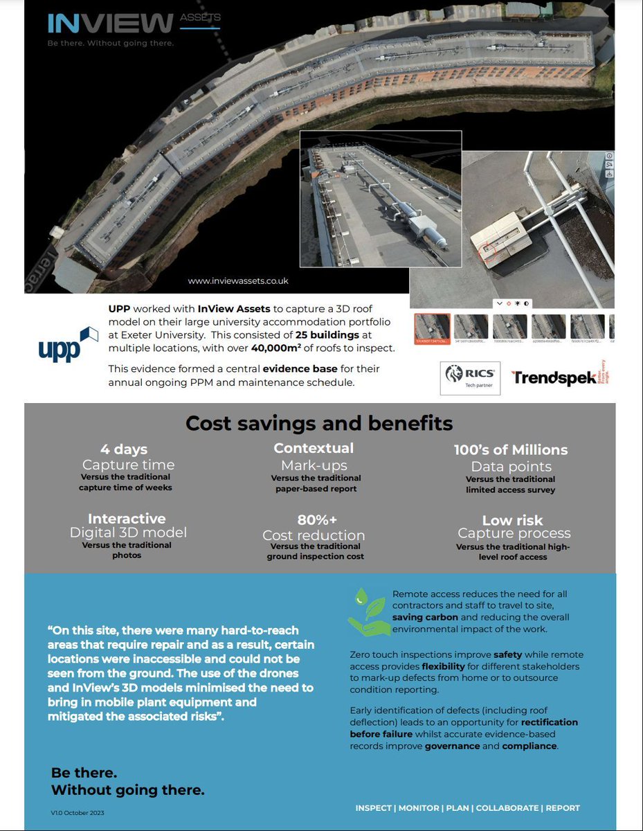 InviewAssets's tweet image. @UPP worked with InView Assets to capture a 3D roof model on their university accommodation at Exeter University. This consisted of 25 buildings with over 40,000m2 of roofs to inspect. This formed a central evidence base for their PPM and maintenance plans. #inspect #monitor