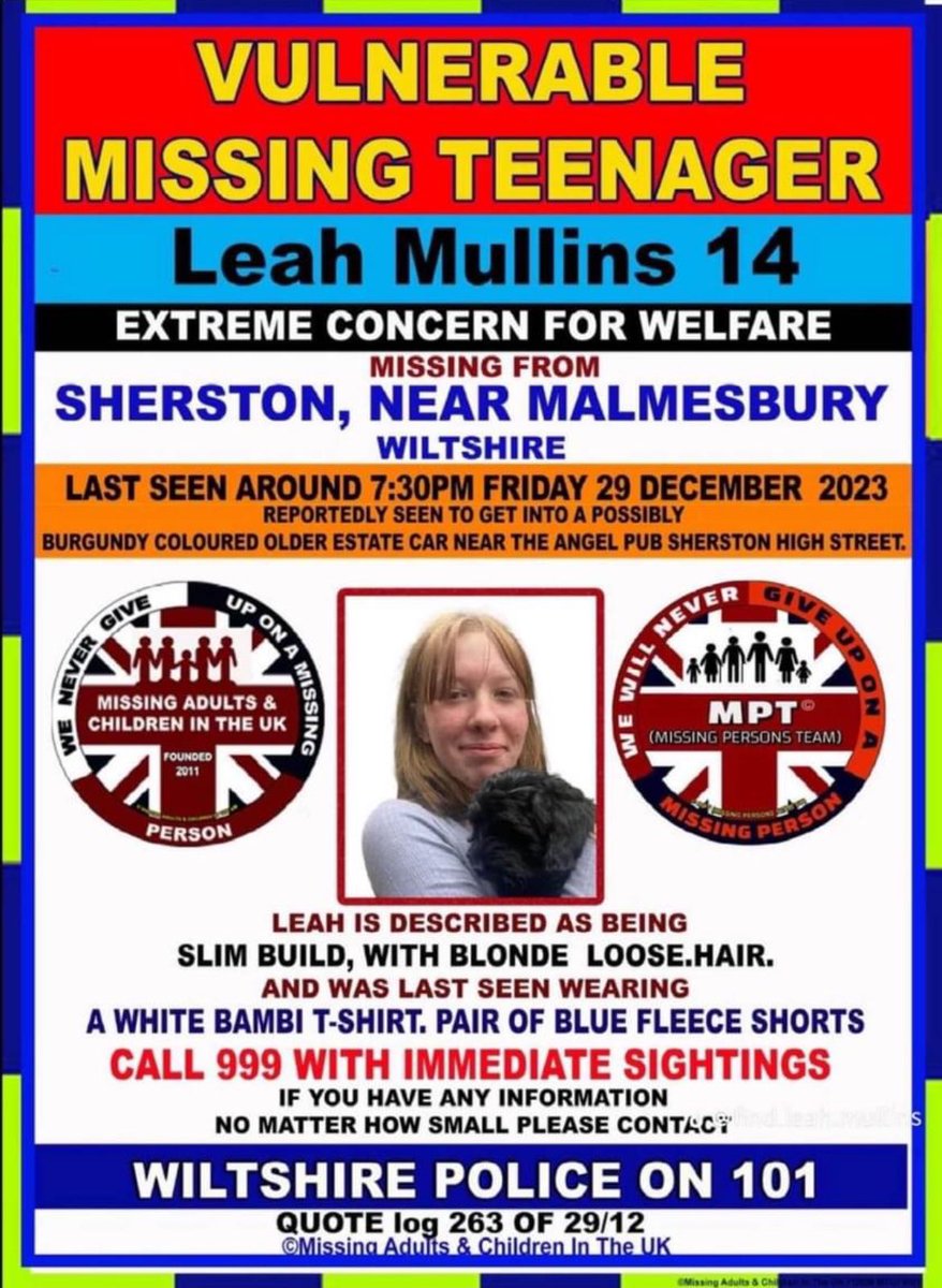 Missing since 29th December from Sheraton, Near Malmesbury, Wiltshire 
#LeahMullins aged 14.