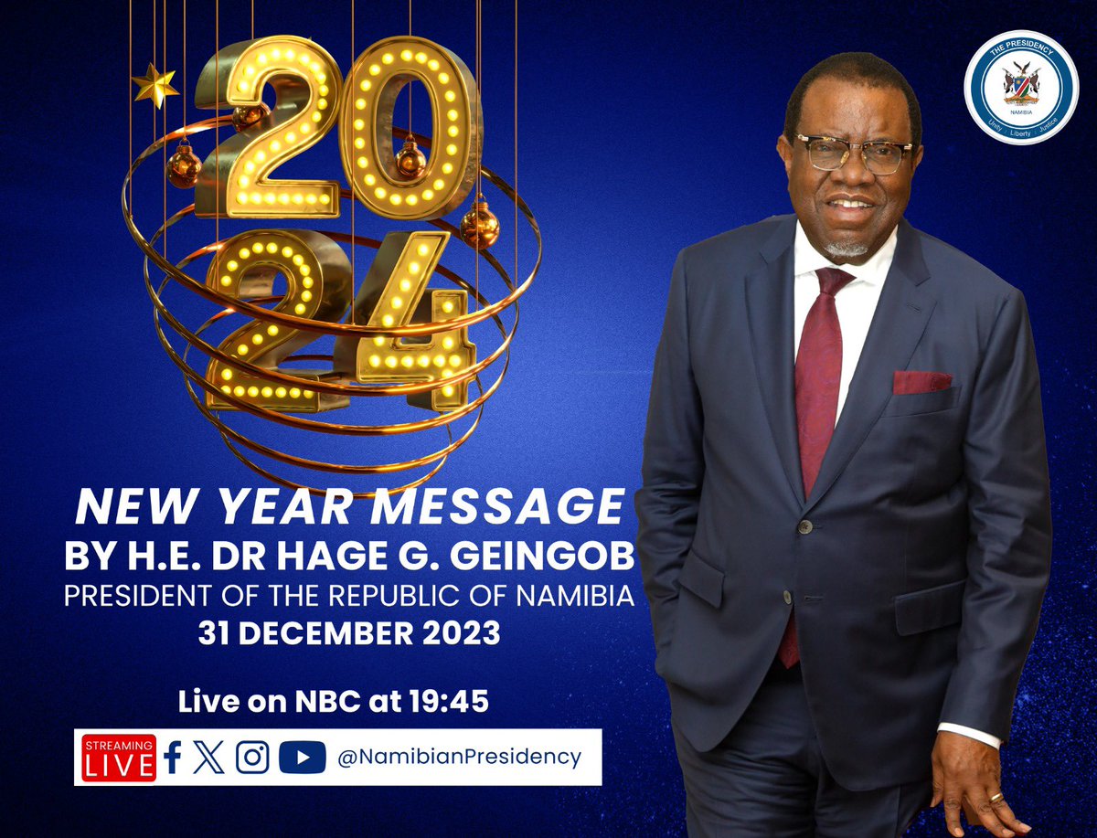 Dr Hage G. Geingob (@hagegeingob) on Twitter photo Watch Live: We say goodbye to 2023, the #YearofRevival - I will deliver this evening my message for the New Year 2024. Follow the broadcast message live from 19h45, <a href="/NamPresidency/">Namibian Presidency</a> and <a href="/NBCDigitalNews/">NBC Digital News</a> Watch Live: We say goodbye to 2023, the #YearofRevival - I will deliver this evening my message for the New Year 2024. Follow the broadcast message live from 19h45, <a href="/NamPresidency/">Namibian Presidency</a> and <a href="/NBCDigitalNews/">NBC Digital News</a>