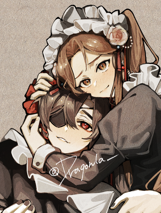 eyepatch brown hair multiple girls 2girls maid headdress maid red eyes  illustration images