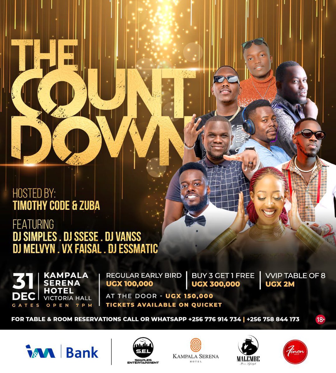 Ssese Nation (@ssesenation) on Twitter photo Itโs finally #TheCountDown day ๐๐พ
Letโs spend the last day of the year at <a href="/kampalaserena/">kampalaserenahotel</a> hosted by <a href="/TimothyCODE/">The #CROWNBoy</a> & <a href="/zubamutesi/">Zuba ๐</a> featuring <a href="/DjSimples/">DeeJay Simples</a>, <a href="/DJ_Ssese/">Uncle DJ</a>, <a href="/djvanss_/">DJ VansS๐บ๐ฌ</a>, <a href="/melvyndeejay/">MELVYN DEEJAY ๐บ๐ฌ</a>, <a href="/djvxfaisal/">๐ปโdjvxfaisal</a> & <a href="/DjEssmatic/">Essmatic</a>
Join us for a good night !โจ#SseseNation Itโs finally #TheCountDown day ๐๐พ
Letโs spend the last day of the year at <a href="/kampalaserena/">kampalaserenahotel</a> hosted by <a href="/TimothyCODE/">The #CROWNBoy</a> & <a href="/zubamutesi/">Zuba ๐</a> featuring <a href="/DjSimples/">DeeJay Simples</a>, <a href="/DJ_Ssese/">Uncle DJ</a>, <a href="/djvanss_/">DJ VansS๐บ๐ฌ</a>, <a href="/melvyndeejay/">MELVYN DEEJAY ๐บ๐ฌ</a>, <a href="/djvxfaisal/">๐ปโdjvxfaisal</a> & <a href="/DjEssmatic/">Essmatic</a>
Join us for a good night !โจ#SseseNation