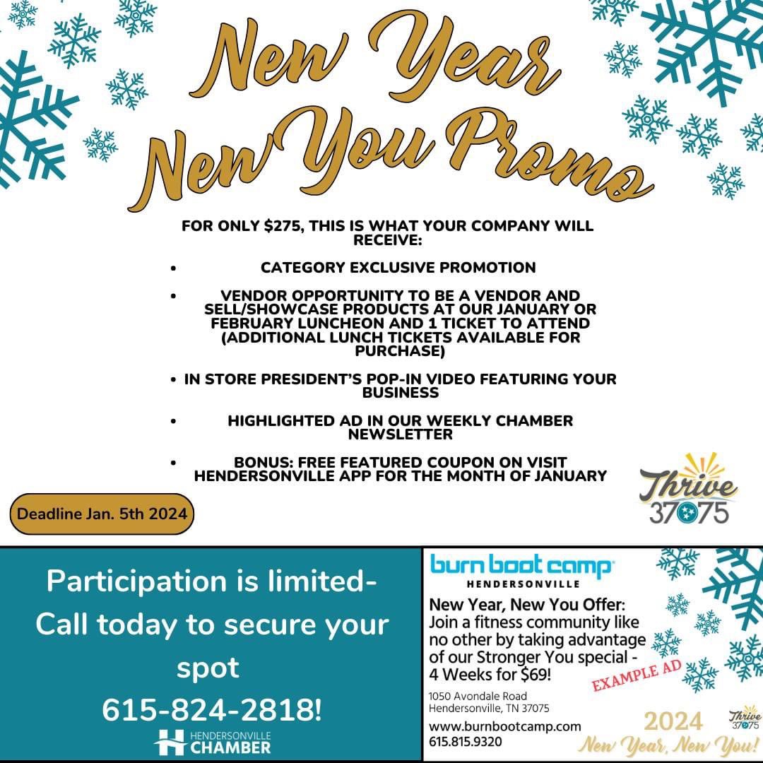 *** Last chance to participate in the New Year New You Promotion.  

For ONLY $275,
Participation is limited- Register TODAY at hendersonvillechamber.com/events/2024/01…