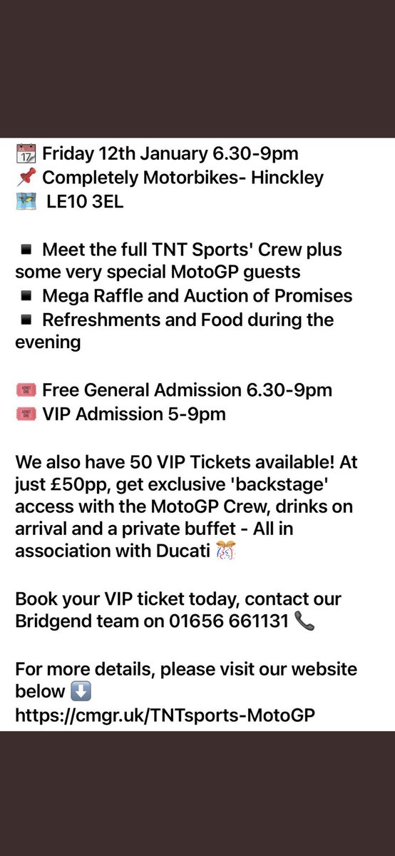 A free bikers night out in the midlands👍👍VIP tickets are gone but you can email/call for free general admission. We would love to see lots of people there and raise money for a great cause. Details here: completelymotorbikes.co.uk/news/tnt-sport… #motogp #tntsports