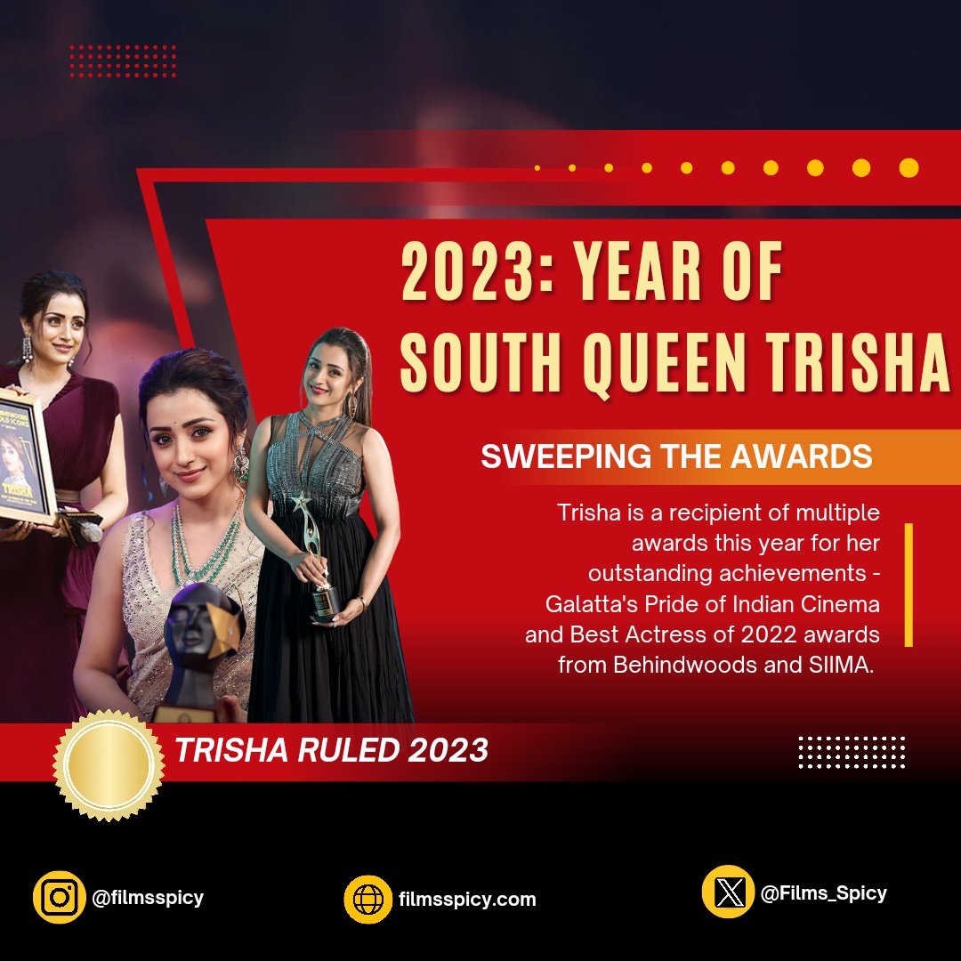 #Trisha swept the awards in 2023 for her stellar performance in the #ManiRatnam directorial #PonniyinSelvan1 and top honors like 'Pride of Indian cinema'. The awards are a testimony to the fact that she's an incredibly talented actress.