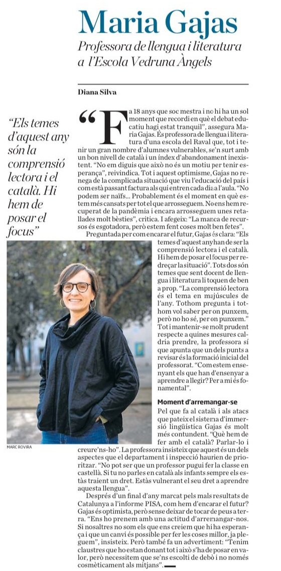 VedrunaCat's tweet image. 🗞 “Els temes d&apos;aquest any són la #comprensiólectora i el #català. Hi hem de posar el focus” | ENTREVISTA de @dianasilva_f a @allegir professora @vedrunaangels