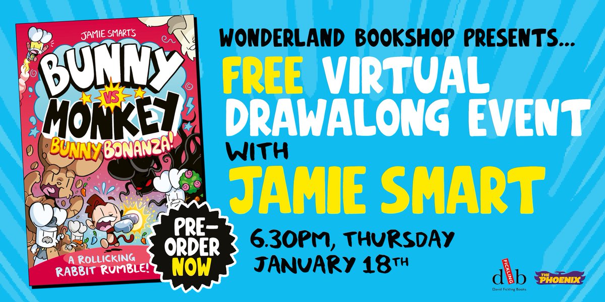 We are SO excited to announce... Wonderland Bookshop presents a free virtual drawalong event with the one and only @jamiesmart! @phoenixcomicuk @DFB_storyhouse