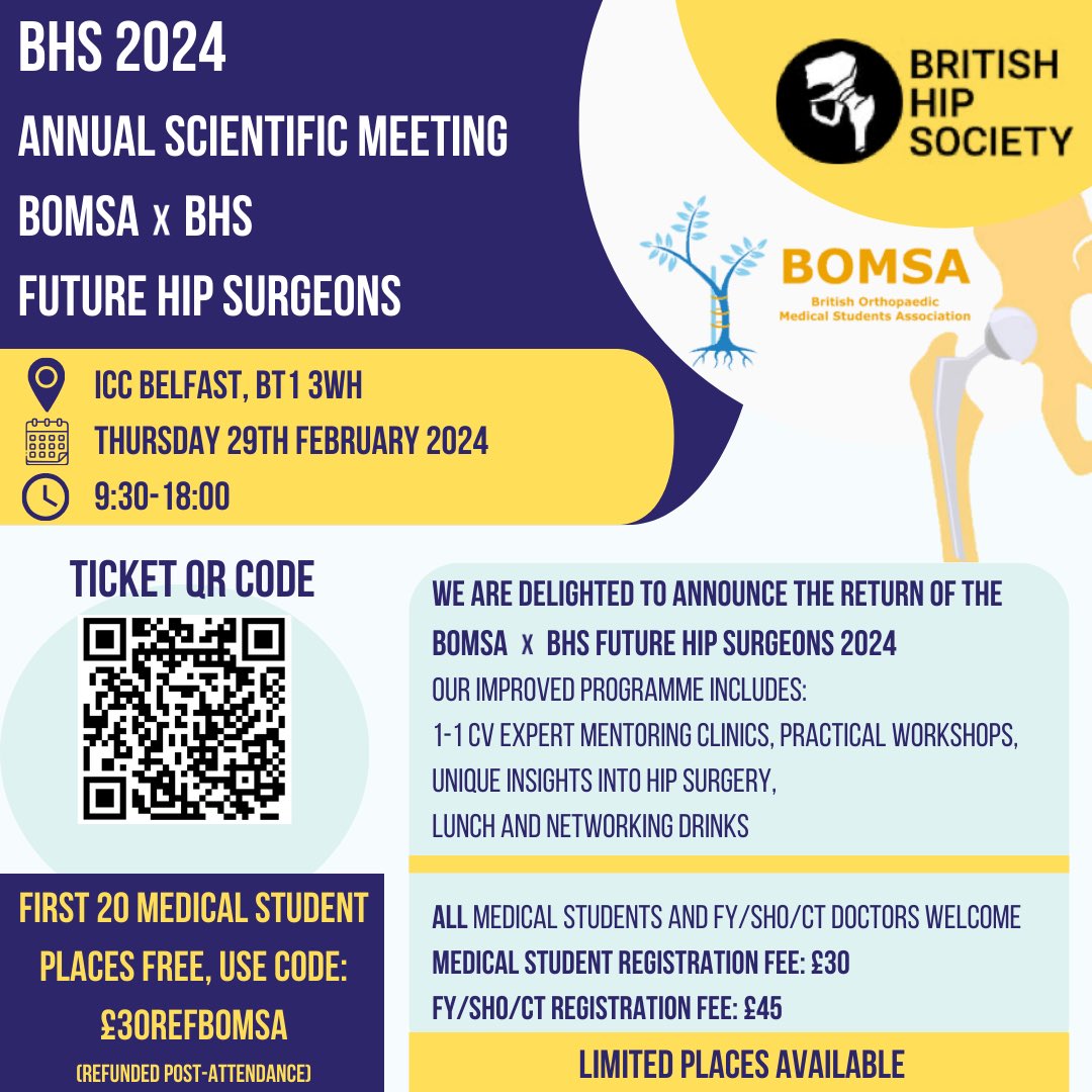 We are delighted to announce that registration for the @BritishHip x BOMSA Future Hip Surgeons stream 29/02/24 at the BHS ASM is now open! Sign up below and is free for the first 20 medical students using the code “£30REFBOMSA”! form.jotform.com/232437157900353