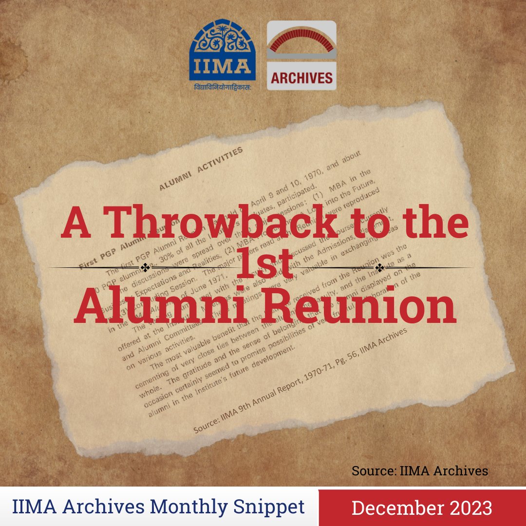 Did you know it was 53 years ago in April 1970 when the first alumni reunion was held on the IIMA campus? This historic event marked the beginning of a tradition that continues to this day. Check out the Dec 2023 snippet. tinyurl.com/4xjnvtj3 #IIMAArchives #IIMAMonthlySnippet