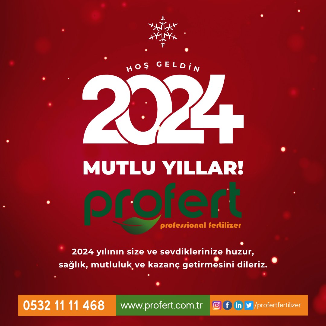 Profertgubre's tweet photo. Sevgili Profert Ailesi ve Çiftçi Dostlarımız,
Profert olarak, tarımsal dünyada başarılarınızı paylaşmak ve sizi daha verimli bir yıla davet etmek istiyoruz.
Yeni yılın getirdiği taze umutlar ve başarılarla dolu günler sizin olsun. 

#profert #yeniyıl  #MutluYıllar Atatürk https://t.co/0JGdDn4xRR