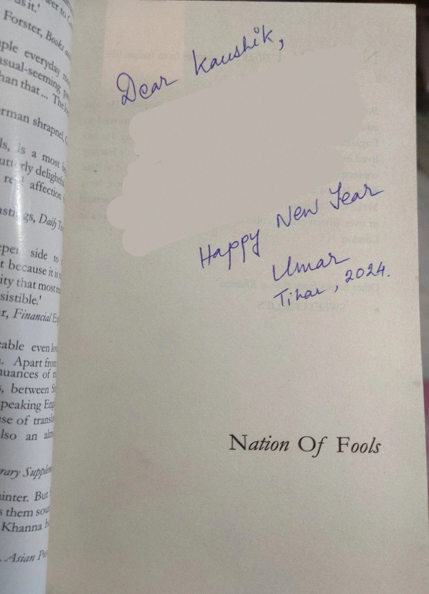 kaushikrj6's tweet photo. Dear Umar,
Thank you for sending this book. It feels grave injustice that you have to write "Tihar, 2024" below your name. It is heartbreaking that Tihar is your address. We will never stop outraging about the fact that a wonderful person like you is behind bars.
Happy New Year! https://t.co/O49JtwmscY