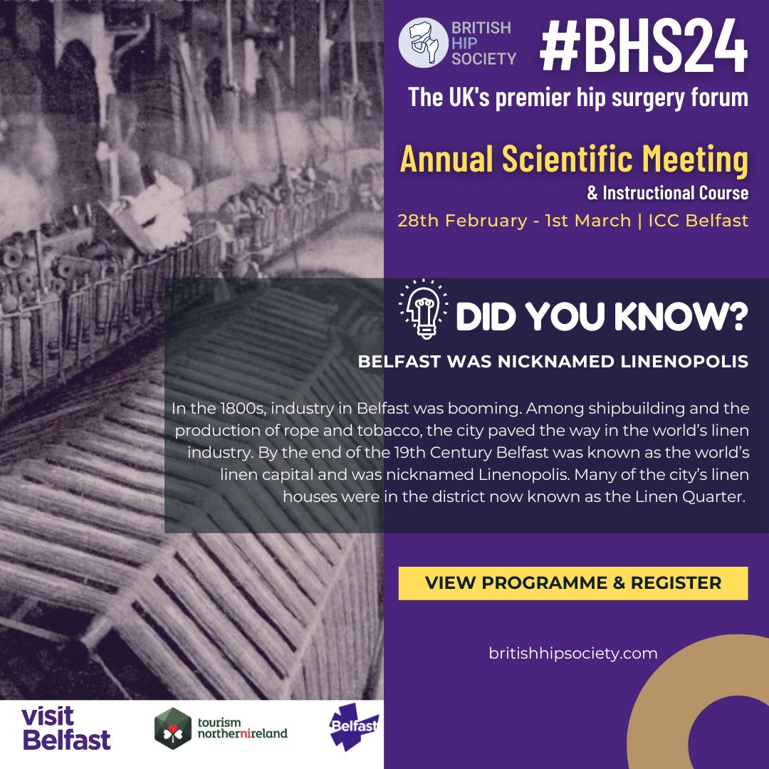 British Hip Society (@britishhip) on Twitter photo 🔥#orthotwitter
❓#Belfast Did you know #3 ⬇️
📢Early🐦registration closes 31 Dec.
✈️Join us at the UK's Premier #Hip #Surgery forum <a href="/BritishHipSoc/">British Hip Society</a> #bhs24 <a href="/VisitBelfast/">Visit Belfast</a>
👀View Programme & Register at: britishhipsociety.com/annual-meeting… 🔥#orthotwitter
❓#Belfast Did you know #3 ⬇️
📢Early🐦registration closes 31 Dec.
✈️Join us at the UK's Premier #Hip #Surgery forum <a href="/BritishHipSoc/">British Hip Society</a> #bhs24 <a href="/VisitBelfast/">Visit Belfast</a>
👀View Programme & Register at: britishhipsociety.com/annual-meeting…