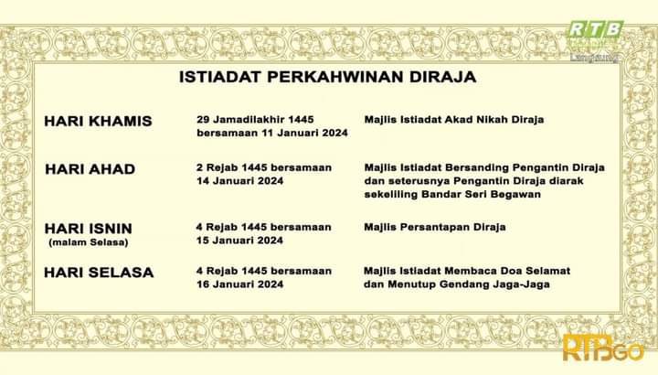 arfdy12's tweet photo. The Royal Couple will be engaged on 9th January 2024.

Solemnization ceremony will take place on 11th January 2024. https://t.co/g8FMy2c53J